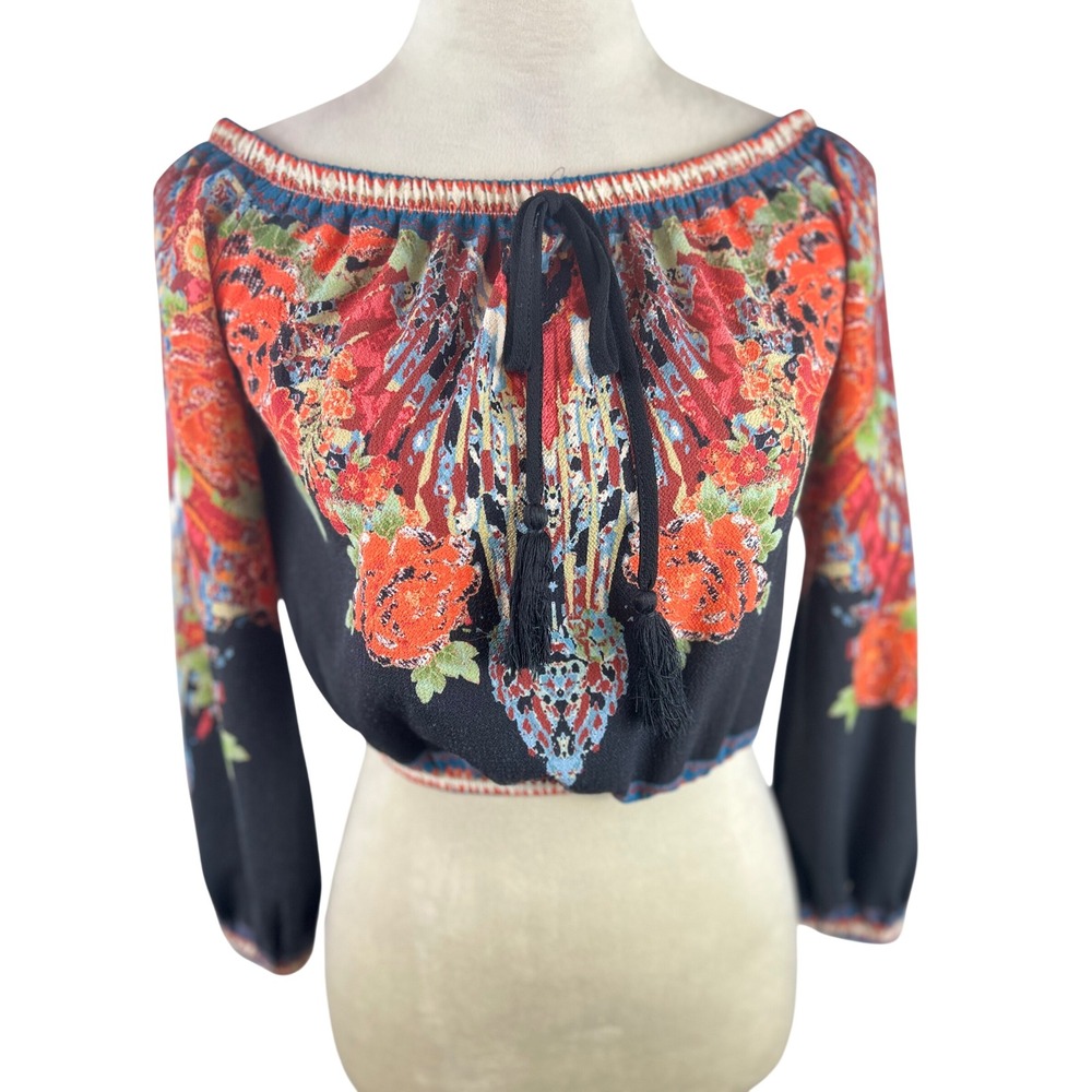 Flying Tomato Women's Boho Floral Off the Shoulder Tassel Crop Top shirt sz‎ XS